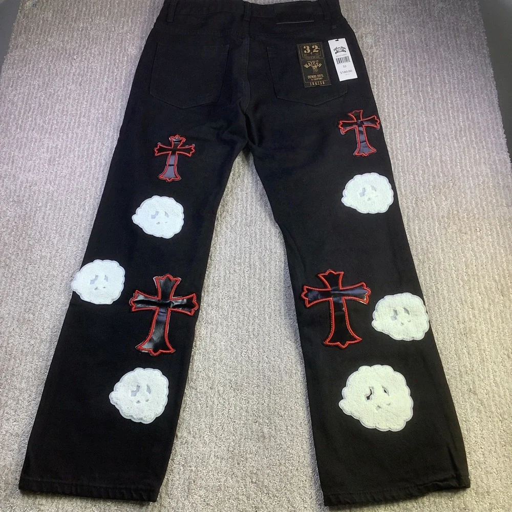 Watson Denim Jeans Black Embellished Cross Cloud Applique Mens Size 32 x‎ 30 NWT